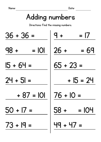 Adding 2-Digit Numbers - Missing Numbers