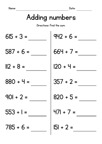Adding 3-Digit and 1-Digit Numbers Worksheets | Teaching Resources