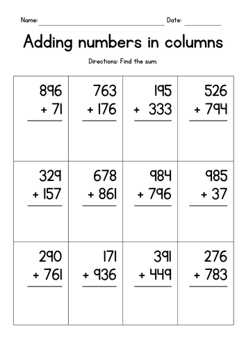 Adding 3-Digit Numbers in Columns Worksheets | Teaching Resources