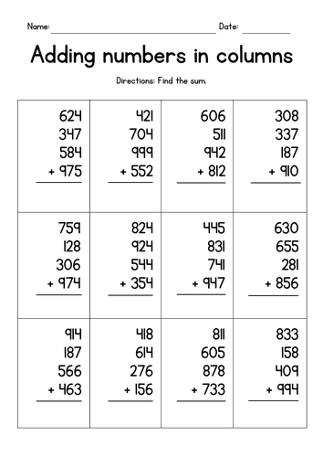 Adding Four 3-Digit Numbers in Columns Worksheets | Teaching Resources