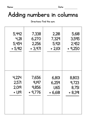 Adding Four 4-Digit Numbers in Columns Worksheets | Teaching Resources