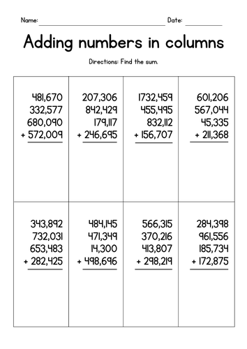 Adding Four 5-Digit or 6-Digit Numbers in Columns