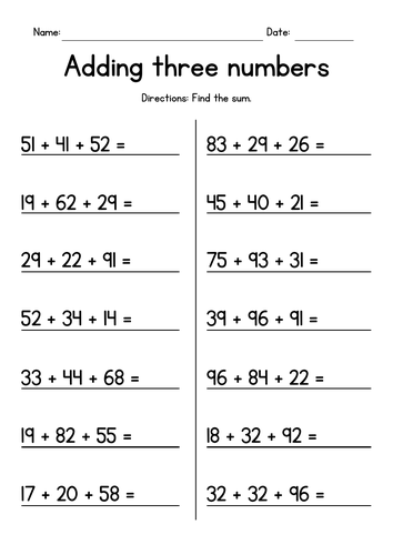 Adding Three 2-Digit Numbers Worksheets | Teaching Resources