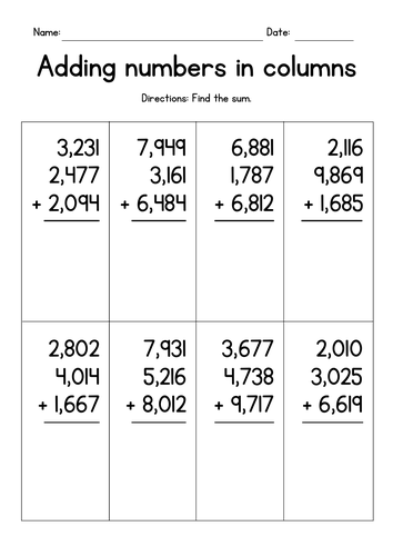 Adding Three 4-Digit Numbers in Columns