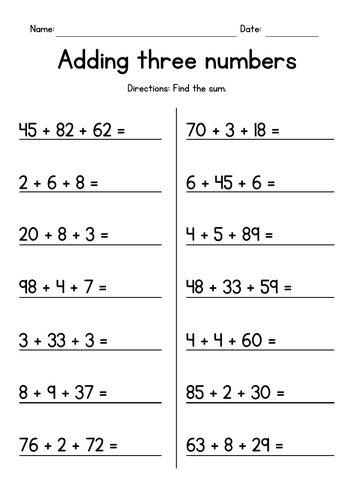 Adding Three Numbers - Addition Worksheets 