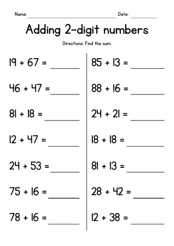 Adding Two 2-Digit Numbers Worksheets