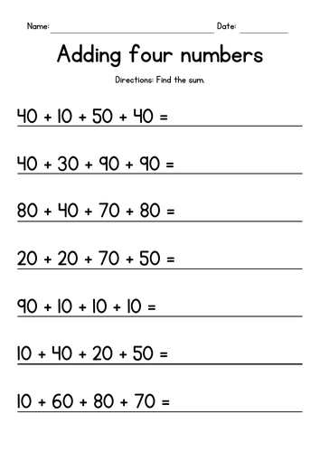 Adding Whole Tens - Addition Worksheets