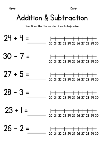 Numberline Addition and Subtraction - Numbers up to 30