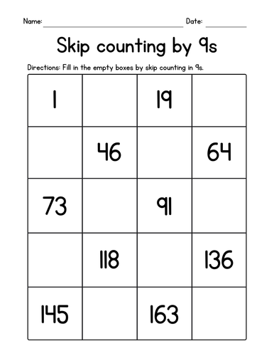 Skip Counting by 9s Worksheets - Mental Math