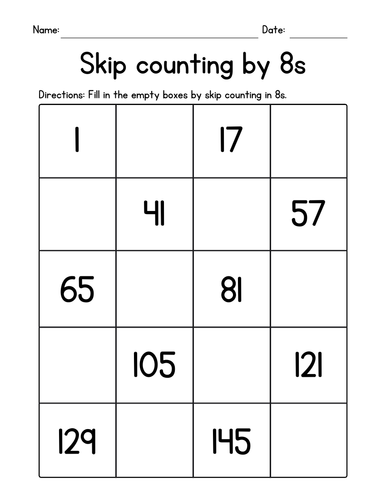 Skip Counting by 8's, Concept on Skip Counting