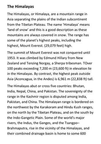 The Himalayas Handout