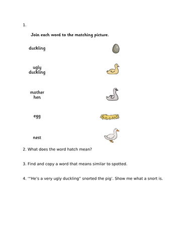 Vocabulary focused questions based on the Ugly Duckling