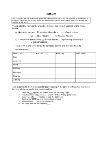 Suffixes work sheet