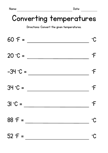 Grade 4 Temperature Worksheet: Convert between Fahrenheit and Celsius