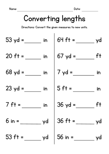 converting lengths yards feet and inches measurement worksheets teaching resources