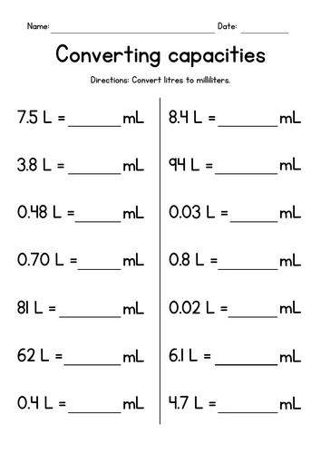 Converting Metric Volumes Liters and Milliliters Measurement