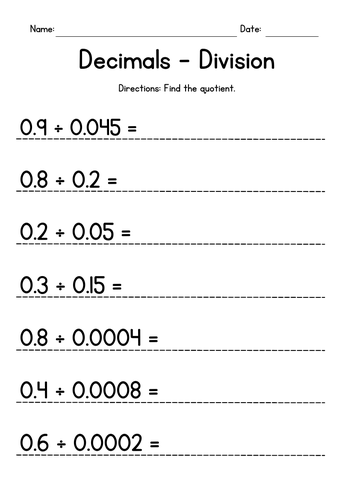 Dividing 1-Digit Decimals by Decimals Worksheets