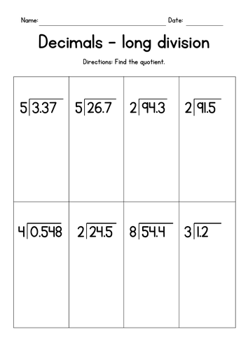 dividing decimals by whole numbers long division worksheets teaching resources