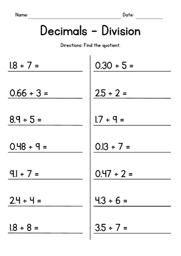 Dividing Decimals By Whole Numbers Worksheets Teaching Resources