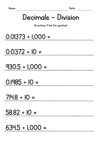 Dividing Decimals by Powers of 10 Worksheets