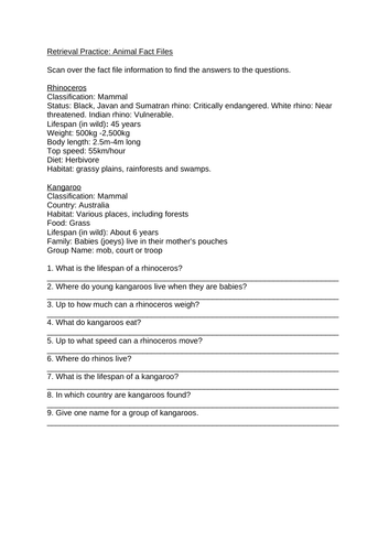 Worksheet: Retrieval Reading Skills (Animal Fact Files)