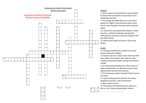AQA A Level Geography: Contemporary Urban Environments Crossword