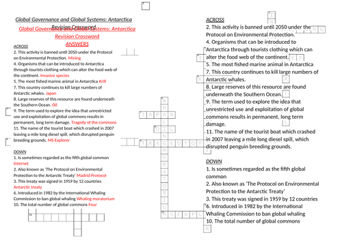 AQA A Level Geography: Antarctica Crossword Teaching Resources