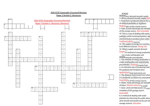 AQA GCSE Geography Revision: Paper 2 Natural Resources Crossword