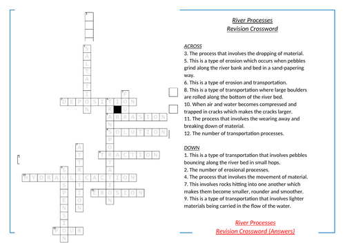 River Processes Revision (Erosion, transportation, deposition) Crossword