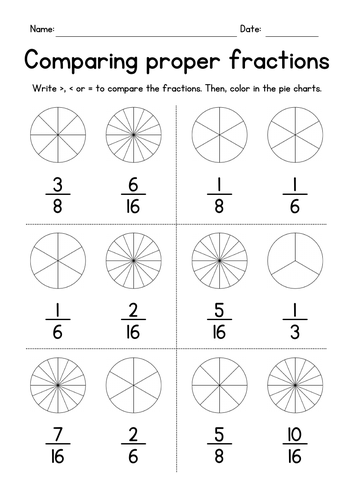 Coloring & Comparing Proper Fractions - Pie Charts