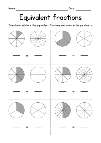 Writing and Coloring Equivalent Fractions - Pie Charts