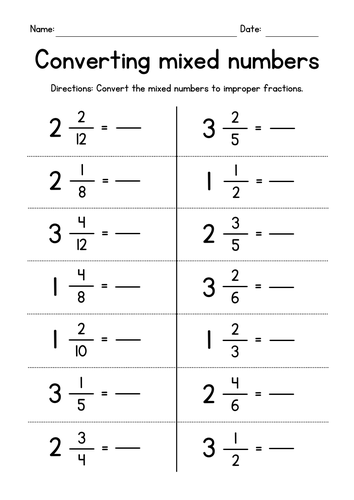 Mixed Numbers To Improper Fractions And Vice Versa Worksheet