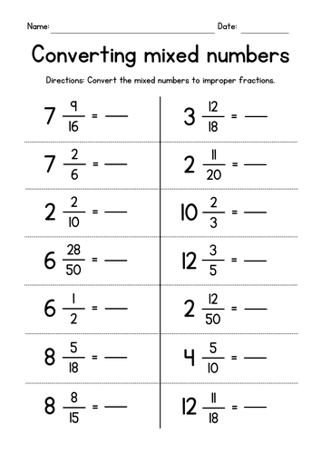improper fraction to mixed number worksheet