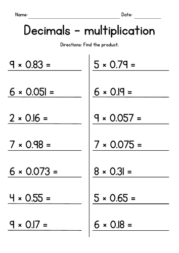 Multiplying Whole Numbers by Decimals Worksheets