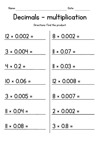 Multiplying Whole Numbers by Decimals Worksheets