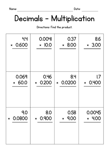 Multiplying Two Decimals Worksheet
