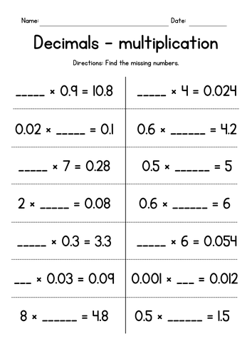 Multiplying Decimals by Whole Numbers - Missing Numbers