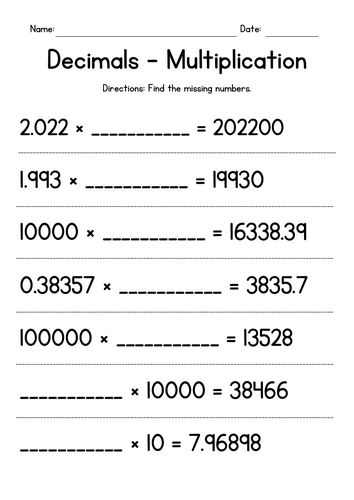 Multiplying Decimals by Powers of 10 - Missing Numbers