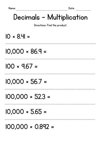 Multiplying Decimals by Powers of 10 Worksheets