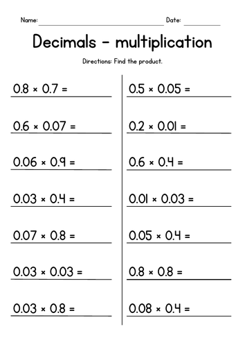 multiplying decimals by decimals worksheets teaching resources