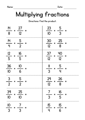 Multiplying Improper Fractions Worksheets