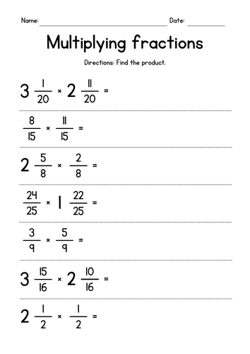 Multiplying Fractions and Mixed Numbers Worksheets