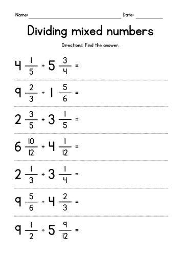 Dividing Mixed Numbers Worksheet Answer Key