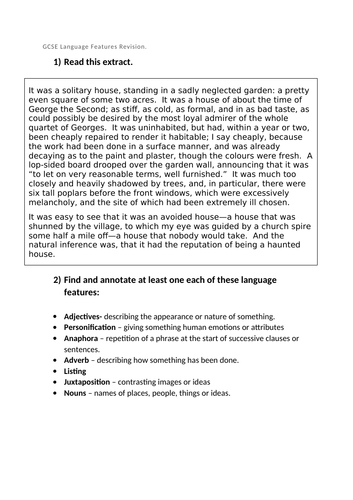 GCSE Language Features Revision Tasks Teaching Resources