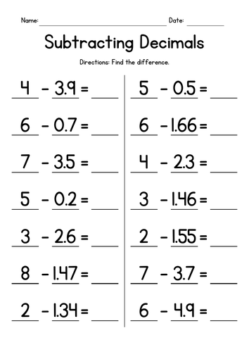 subtracting decimals from whole numbers teaching resources