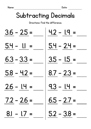 subtracting decimals subtraction worksheets teaching resources