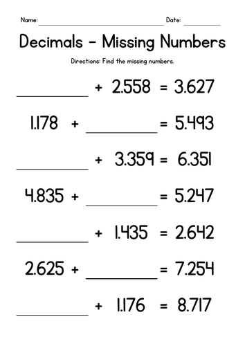 adding 3 digit decimals missing numbers teaching resources