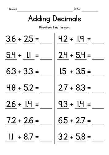 Adding Decimals - Addition Worksheets