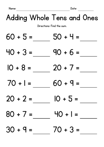 Adding Whole Tens and Ones - Addition Worksheets