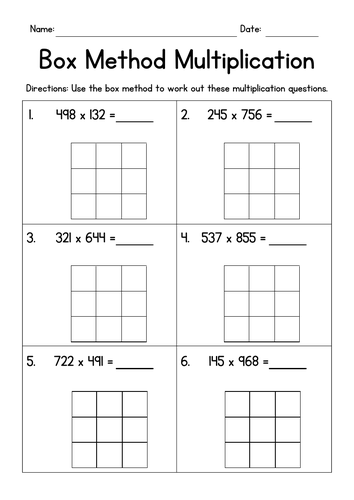 Box Method Multiplication 3-Digit Numbers